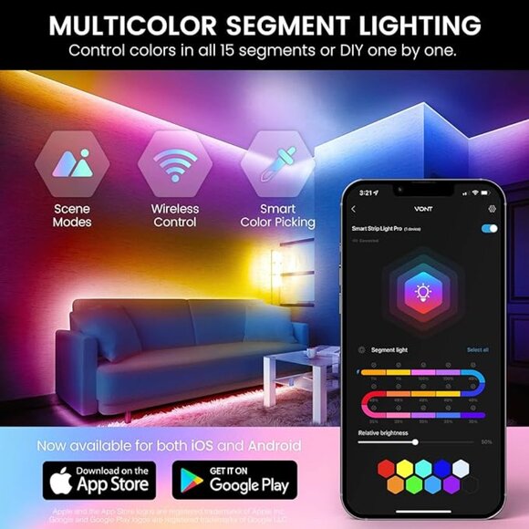 Vont RGBIC Strip Lights Smart LED Color Changing Strips, Compatible w/Alexa 32.8 - Picture 3 of 7